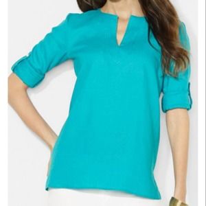 Lauren Ralph Lauren Womens Split Neck Teal Linen Top Size SP